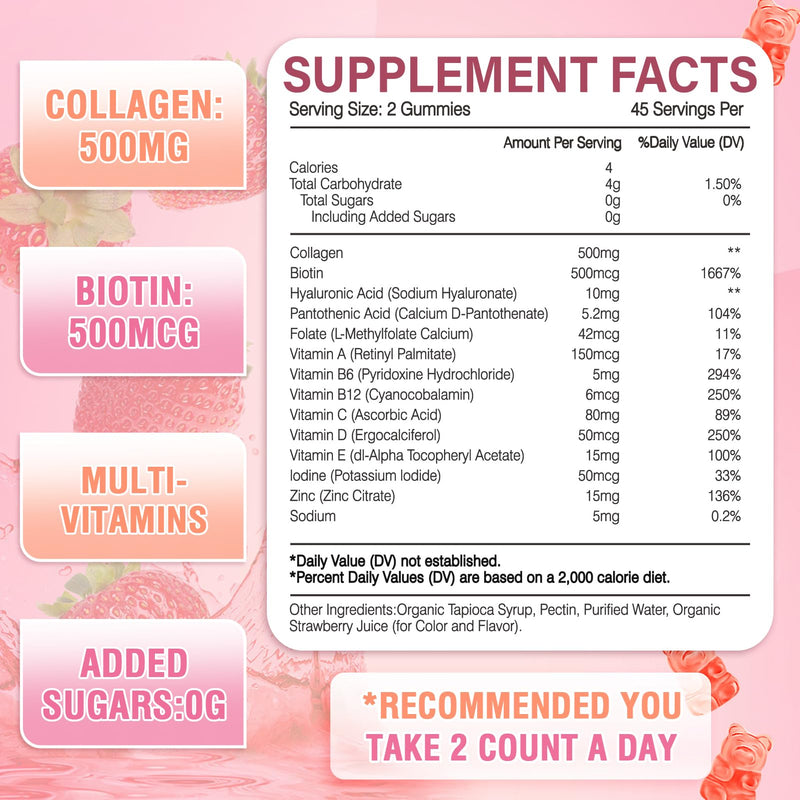 180 Count Collagen Gummies Collagen Protein Type I II III V X with Biotin Vitamin C A B D E Keratin Hyaluronic Acid for Hair Skin Nails Joint Immune Digestion Women Men Sugar Free Strawberry 90 Count (Pack of 2)