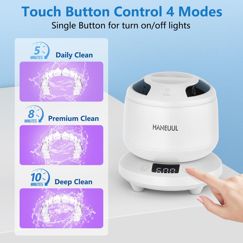 2025 Ultrasonic Retainer Cleaner for Dentures & Aligner, Durable Removable Base and Top Cover, Denture Cleaner Machine with 4 Modes for Mouth Guards, Jewelry, Rings, etc (White) Milky White