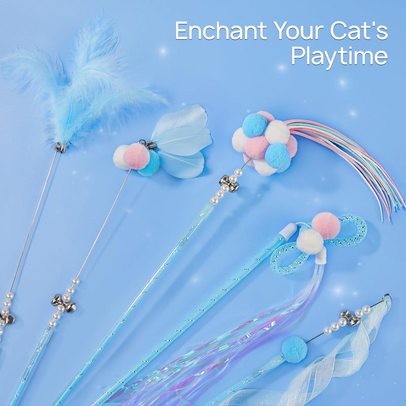 Potaroma Interactive Wand Cat Toys Toy, 5 Pcs Kitten Feather Toys for Indoor Cats to Chase and Exercise, Fun Cat Teaser, Light Blue - BeesActive Australia