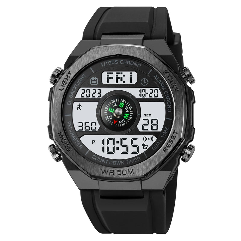 TOOCAT Multifunctional Outdoor Wristwatch (Unisex), 50m Water-Resistant Digital Watch with Step and Calorie Tracking, No Phone Connection Required, No Charging Needed (Black/White) - BeesActive Australia