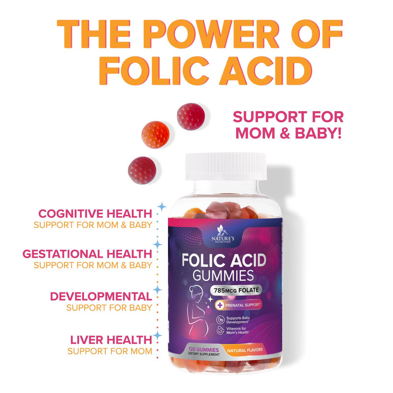 Folic Acid Gummies - Essential Prenatal Vitamins for Women - Daily Folate Vitamin B9 for Mom & Baby Development Support - Before During & After Pregnancy, Natural Orange & Cherry Flavor - 120 Gummies 120 Count (Pack of 1)