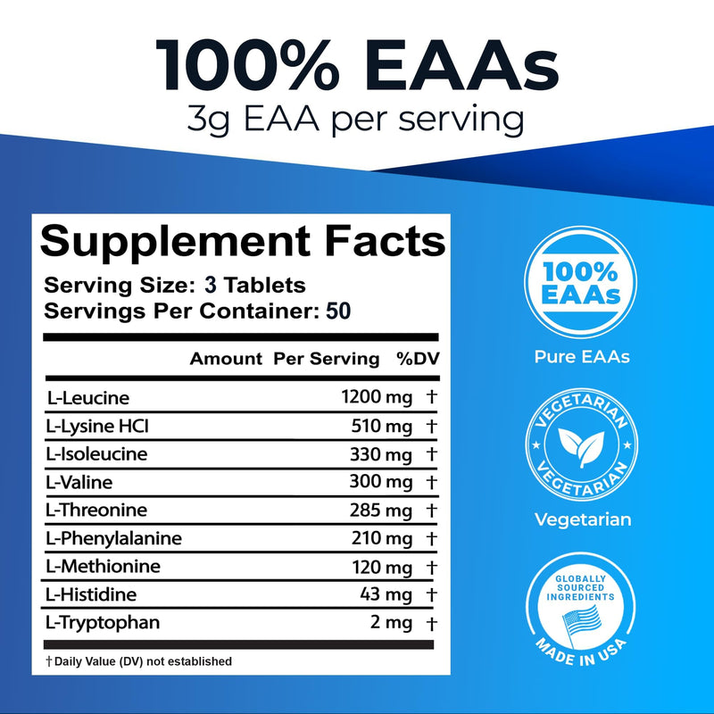 Ultimate Essential Amino Acids Supplement for Cutting, Fasting & Workouts, All 9 EAAs, 3000mg, 40% Leucine, 4:1:1 BCAA Ratio, Binder-Free with Organic Coating, Vegan, Keto, Non-GMO, 150 Tablets 150 Count (Pack of 1)