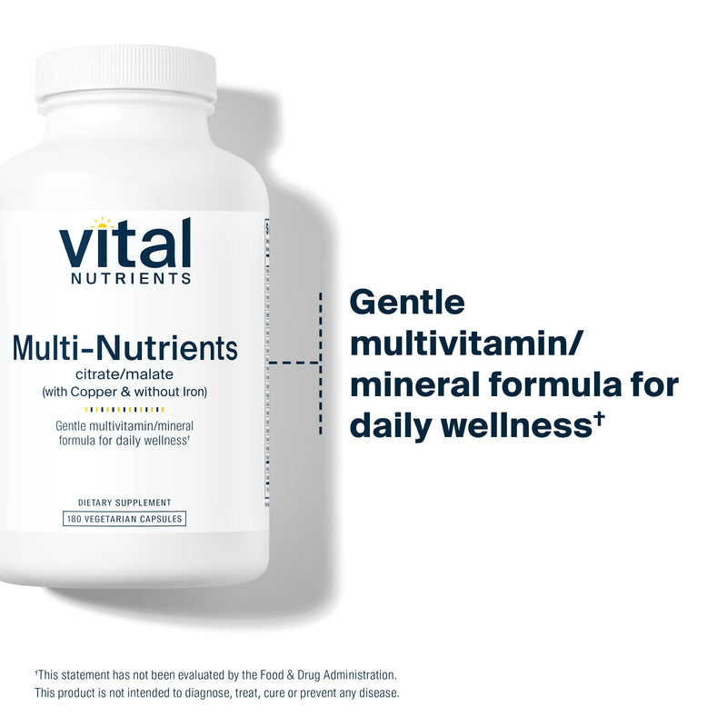 Vital Nutrients - Multi-Nutrients 2 - Citrate/Malate Formula (with Copper and Without Iron) - Multi-Vitamin/Mineral, Potent Antioxidants, Gentle Bioavailable Form - 180 Vegetarian Capsules per Bottle