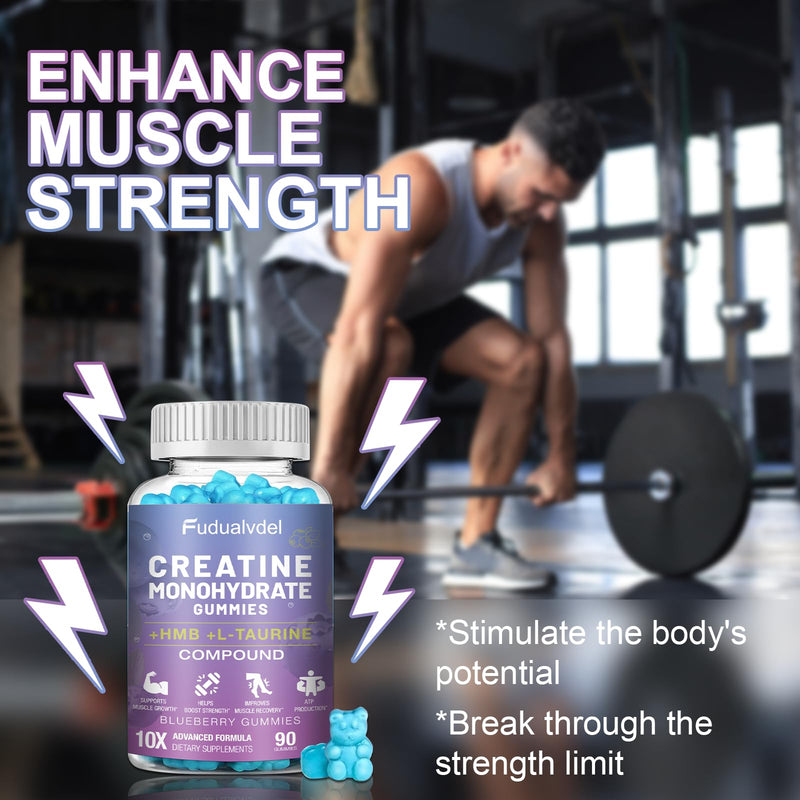 2 Pack 8000MG Creatine HMB Monohydrate Gummies with L-Taurine,Muscle Boosting,Energy Boosting,Vitamin B12, Men & Women,180 Blueberry Flavored Fudge,60 Days Supply 90 Count (Pack of 2)