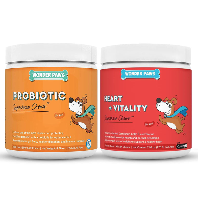WONDER PAWS Probiotic Superhero Chews Plus Heart + Vitality Chews - for Dog’s Gut Health, Digestion, Immune Support, Heart Health & Circulation - Probiotic 90 Chews - Heart + Vitality 90 Chews