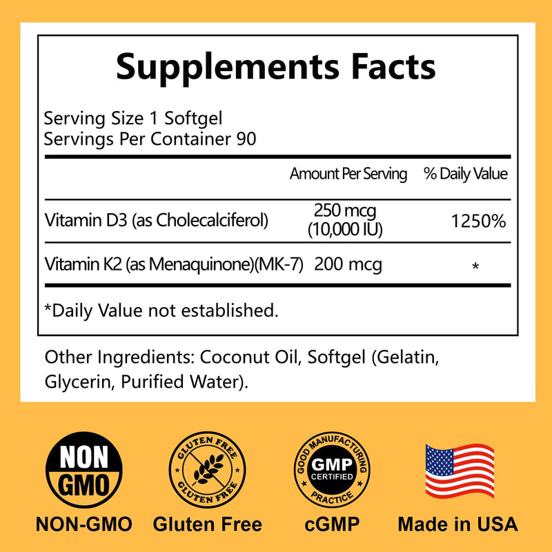 Noavfun Vitamin D3 K2 10000 IU Supplement, 90 Softgels | 250mcg Vitamin D3 + 200mcg K2 MK-7 with Coconut Oil, Supports Bone Health, Teeth & Calcium Absorption 90 Count (Pack of 1)