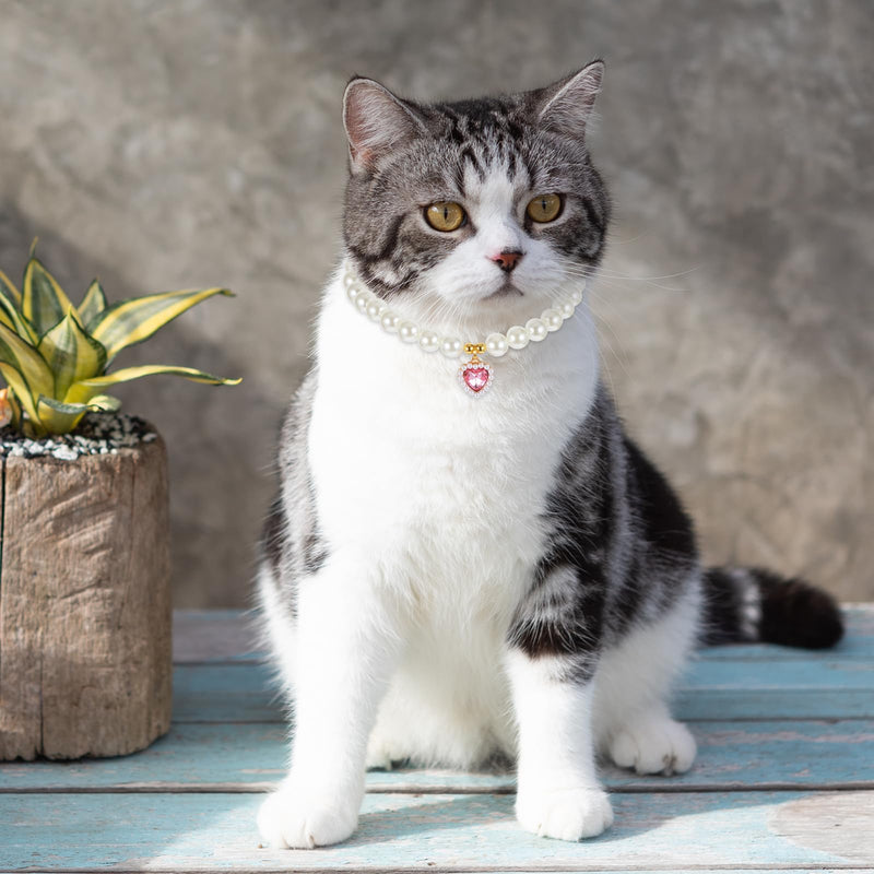 2 Pcs Cat Dog Pearl Collar, Heart Shaped Rhinestone Pet Necklace Dog Pearl Rhinestone Cat Collar, Beaded Dog Necklace Adjustable Pet Jewelry Accessories for Small Dogs Cats(White and Pink) - BeesActive Australia