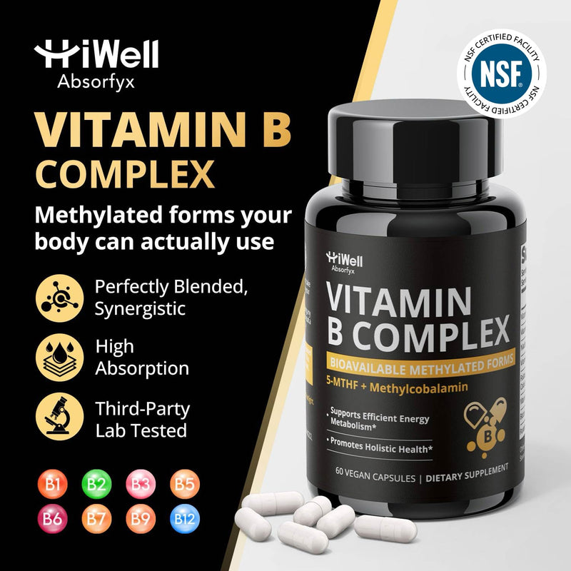 Methylated Vitamin B Complex – High Absorption Active Forms | With Methylfolate & Methyl B12 for Energy, Brain & Mood Support – 60 Vegan Capsules, Non-GMO, Gluten-Free