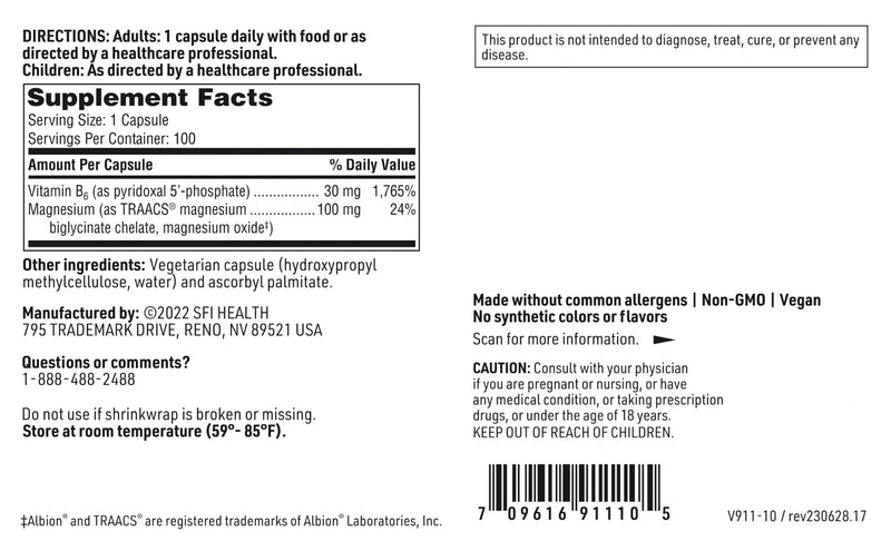 Klaire Labs SFI Health P-5-P Plus Magnesium, 100 Capsules | 30 Milligrams of Bioactive Vitamin B6 Pyridoxal-5-Phosphate with TRAACS Magnesium, Hypoallergenic