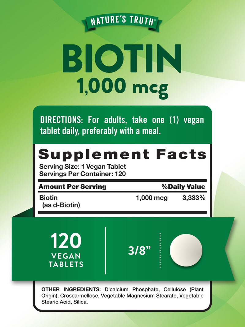 Nature's Truth Biotin | 1000mcg | 120 Tablets | for Women & Men | Vegan, Non-GMO, Gluten Free Supplement Unflavored 120 Count (Pack of 1)