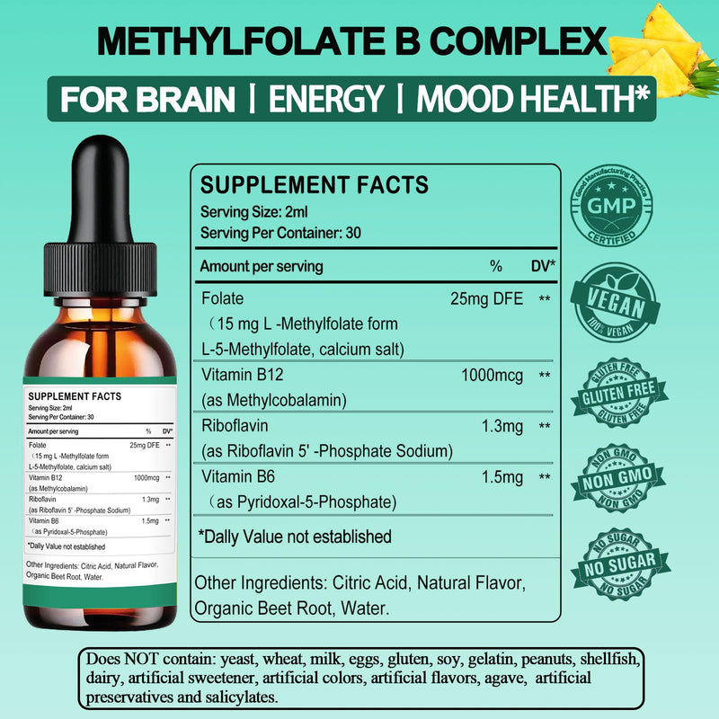 Methylfolate Supplement for Adult Kids, L-MethyFolate 5mthf Plus Methy B12 | Activated Methyl folate Drops w. B6, B2 Multivitamin for Mood Homocysteine Methylation Cognition Energy Nerve Health, Non-GMO