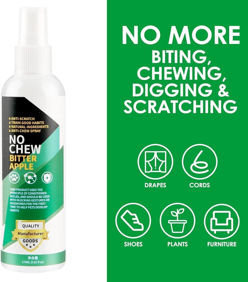 No Chew Bitter Apple Spray for Dogs & Cats, Natural Alcohol-Free Anti-Chew Spray to Stop Chewing, Licking & Biting, Furniture & Wound Safe Pet Behavior Training Spray, 5.92 fl oz Green