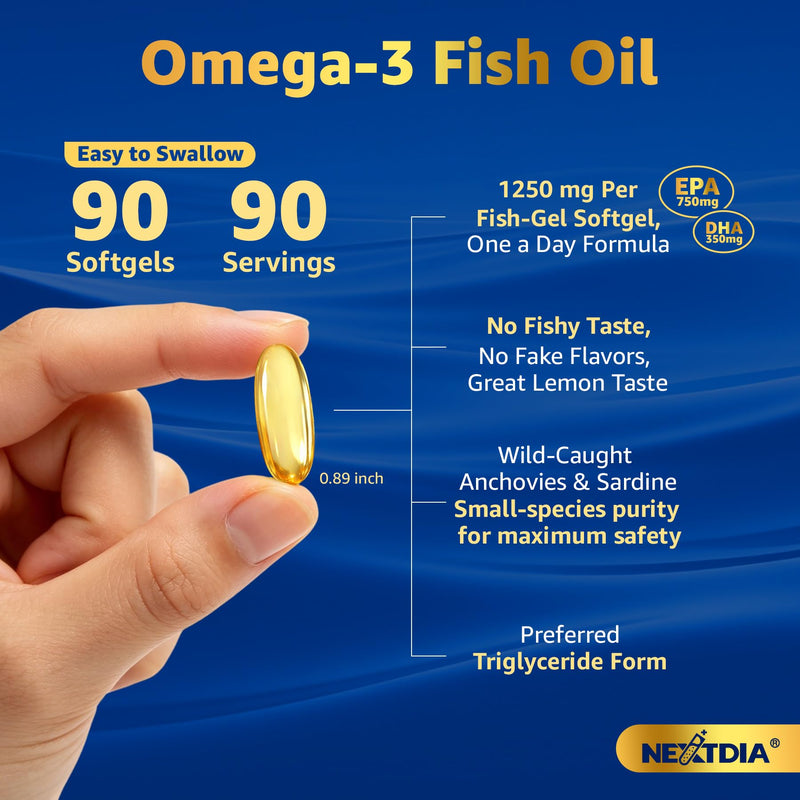 Omega-3 Fish Oil Supplement 1250mg, Vitamin D3 5000IU, K2 E, 3-Month Supply | Burpless Triple Strength 1100mg Omega 3 Fatty Acids(750mg EPA + 350mg DHA) for Women & Men, Wild-Caught Fish Oil, 90 Softgels