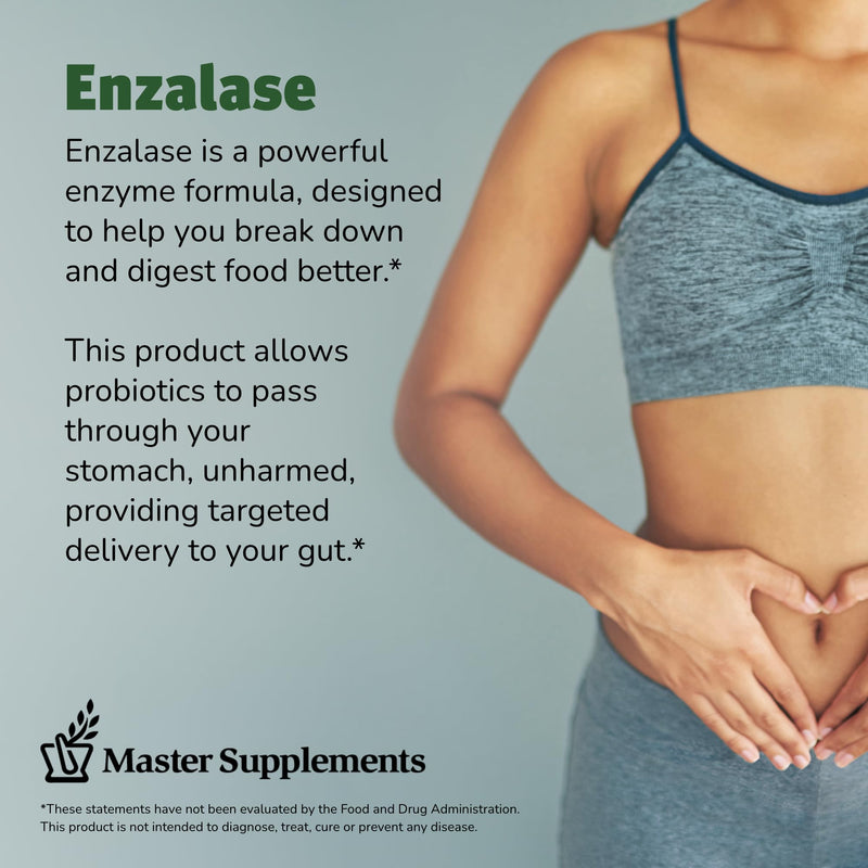 Master Supplements Enzalase - 50 Capsules - Probiotic Compatible Enzymes - Provides Digestive Boost + Gas & Bloating Relief - Gluten Free - 50 Servings 50 Count (Pack of 1)
