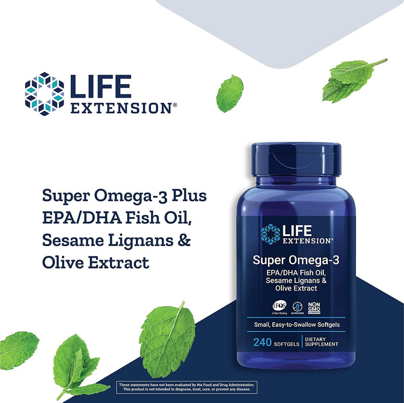 Life Extension Super Omega-3 EPA/DHA Fish Oil, Sesame Lignans & Olive Extract – Heart, Brain, Inflammation Health Support, Gluten-Free, Easy to Swallow, Non-GMO, 240 Softgels (Pack of 2) 240 Count (Pack of 2)