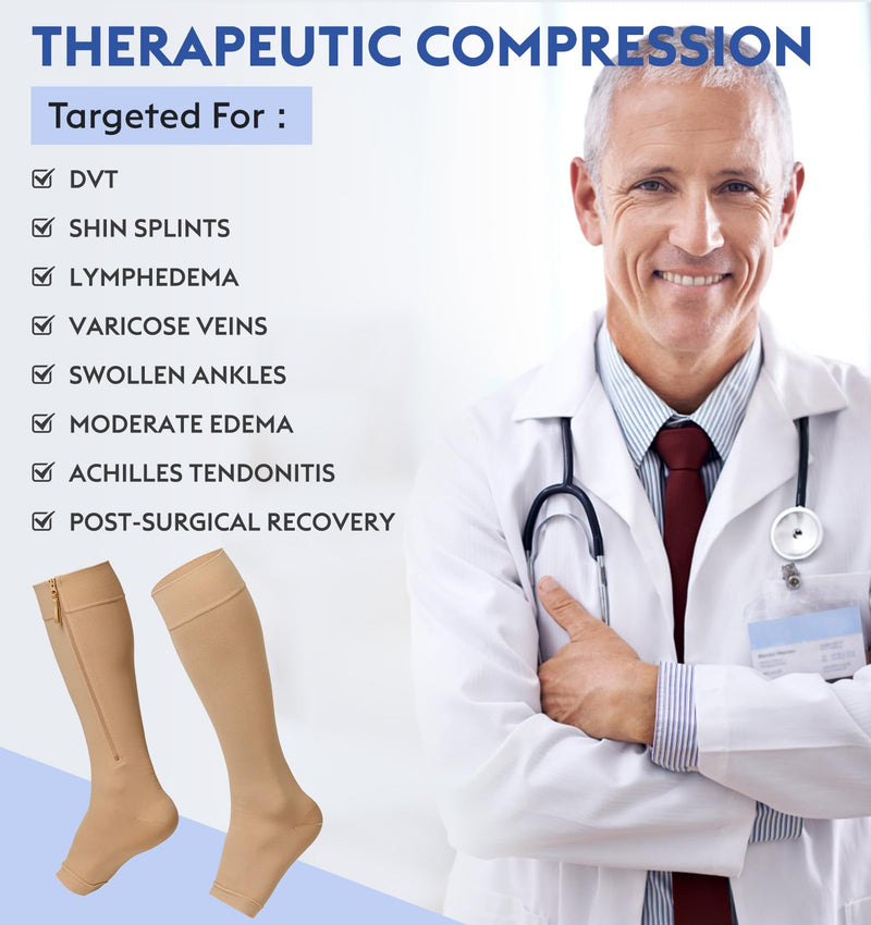 KEKING® Zipper Compression Socks for Men Women, Open Toe, 20-30mmHg Firm Support Knee High Zipper Compression Stockings for Wide Calf - Varicose Veins, DVT, Shin Splints, Edema, Nursing, Beige XXL XX-Large Open Toe Beige - BeesActive Australia