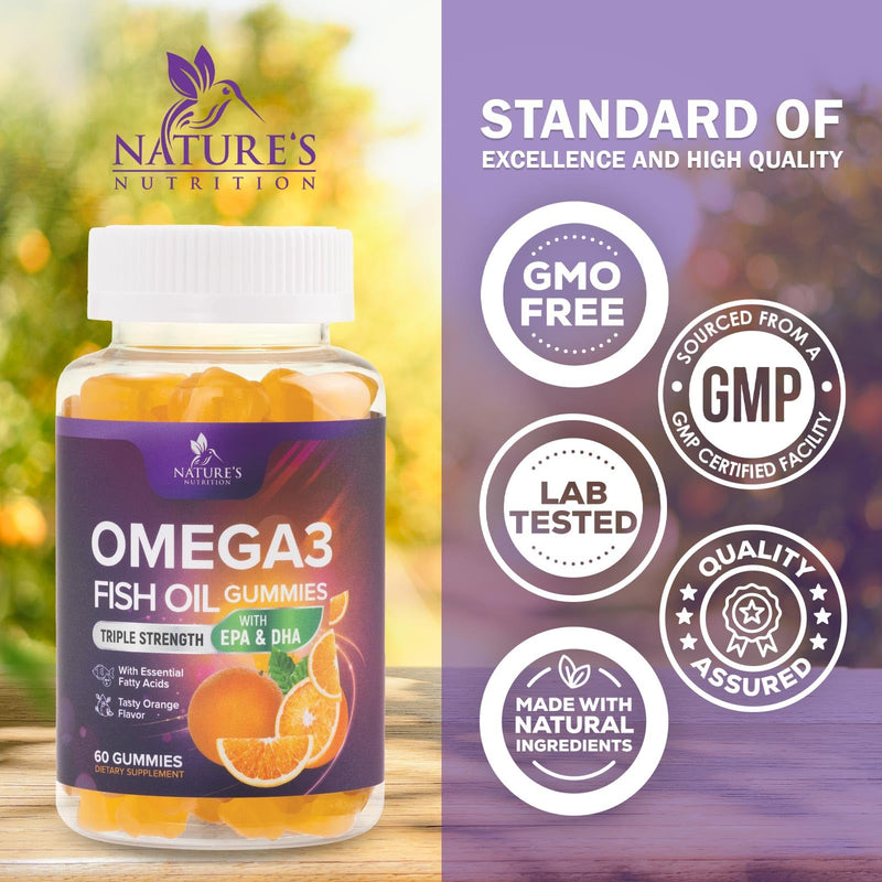 Omega 3 Fish Oil Gummies - 3X Strength Heart Health Support, High Absorption Omega 3 Fish Oil Gummy Supplement with DHA & EPA, Joint & Brain Support for Adults, Delicious Orange Flavor- 60 Gummies 60 Count (Pack of 1)