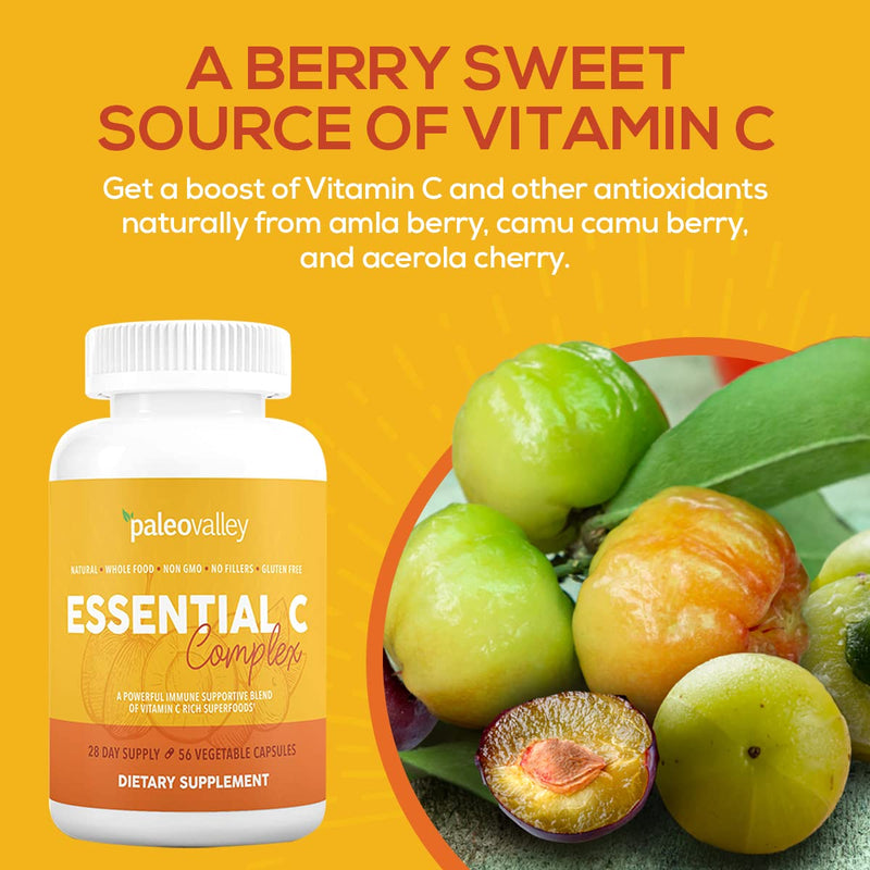 Paleovalley Essential C Complex - Vitamin C Supplement for Immune Support - 1 Pack, 450mg - Organic Superfoods Unripe Acerola Cherry, Camu Camu, Amla Berry - No Synthetic Ascorbic Acid - USA Made 56 Count (Pack of 1) - BeesActive Australia