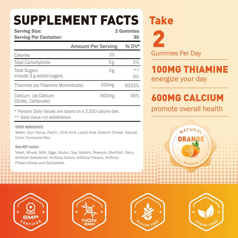 Vitamin B1 100mg Gummies, Thiamine Supplement for Adults | Thiamine B1 Supplement with 600mg Calcium, Nerve Supports & Boost Energy, Orange Flavor, Non GMO, Vegan 60 Count (Pack of 1)