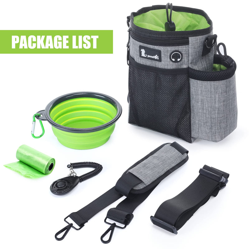 Pecute Dog Treat Pouch, Hands-Free Dog Training Bag with Shoulder Strap Waist Belt Metal Clip and Foldable Bowl, Built-in Poop Bag Dispenser, 3 Ways to Wear Suitable for Training Walking (Grey) Grey + Green Upgrade Large - BeesActive Australia