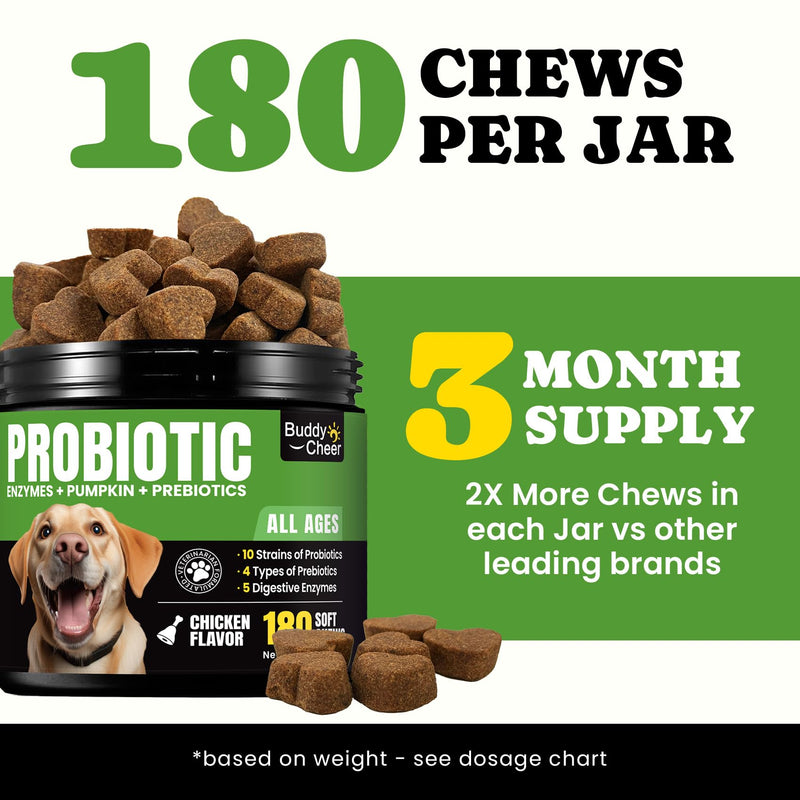 Probiotics for Dogs – Helps Digestion, Loose Stools, Gas & Sensitive Stomachs, Probiotics for Itchy Skin & Dog Yeast Infection, Immune & Fresher Breath with 4 Prebiotics & 5 Digestive Enzymes – 180 ct Chews-180 ct