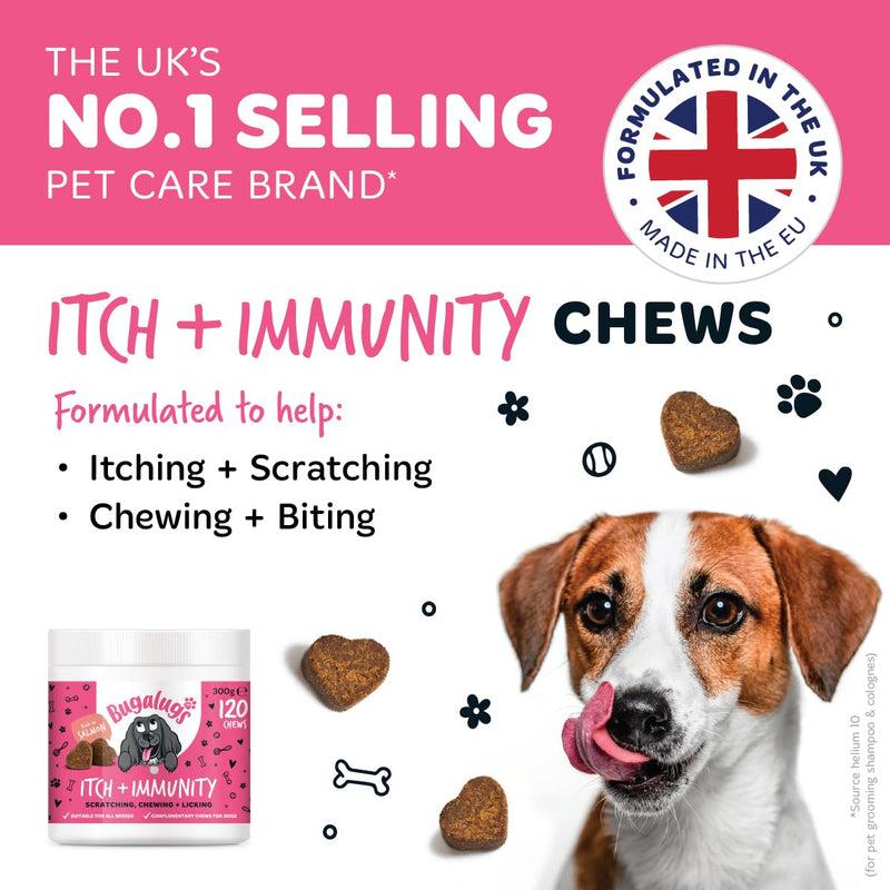 BUGALUGS Itch & Immunity Dog Treats – Helps Soothe Itchy Skin, Paws, Ears - Licking, Scratching - Perfect for Small, Medium & Large Dogs 120 Chews