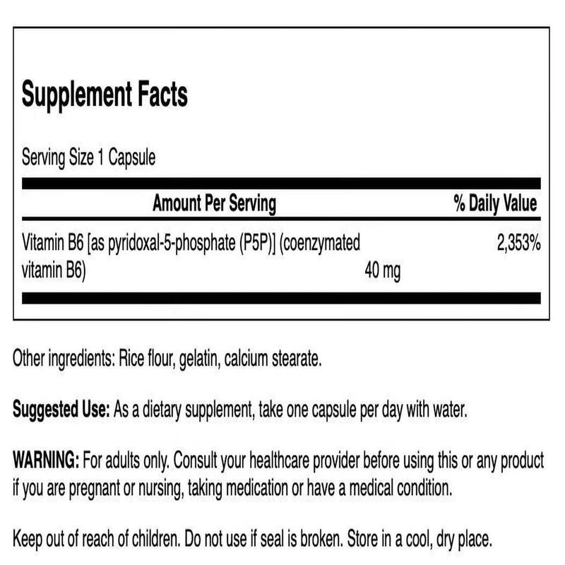 Swanson P-5-P Coenzymated Vitamin B6, 40 mg, 60 Capsules | Double Strength Formula Featuring Pyridoxal-5-Phosphate, the Metabolically Active Form of Vitamin B-6, Easy to Swallow