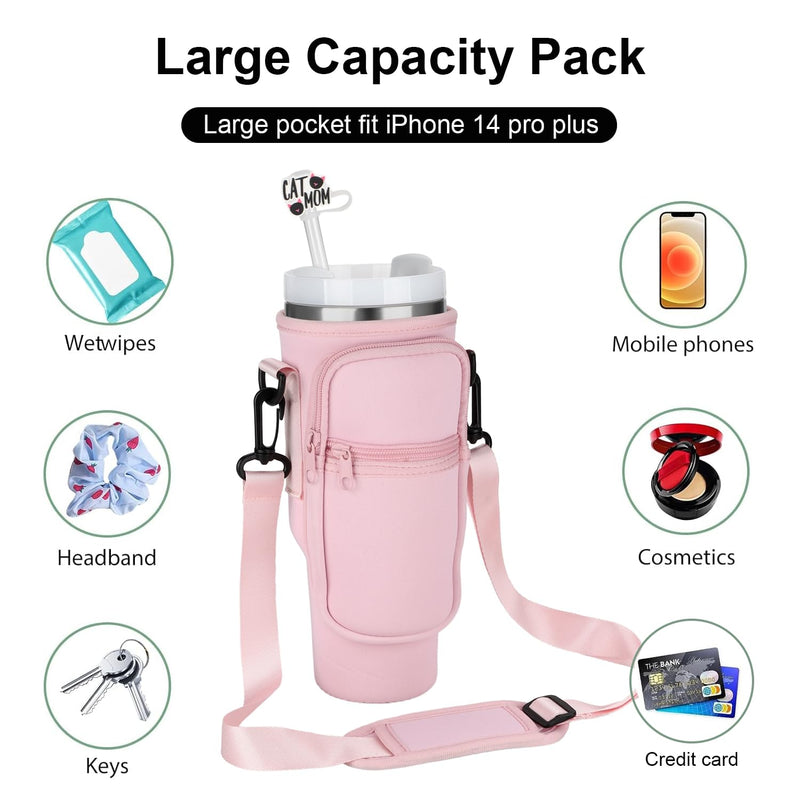 Water Bottle Carrier Bag for Stanley 40oz Tumbler with Handle, Neoprene Water Bottle Cup Holder Pouch with Adjustable Shoulder Strap, Bollus with Straw Cover & for Stanley Cup Accessories Pink - BeesActive Australia