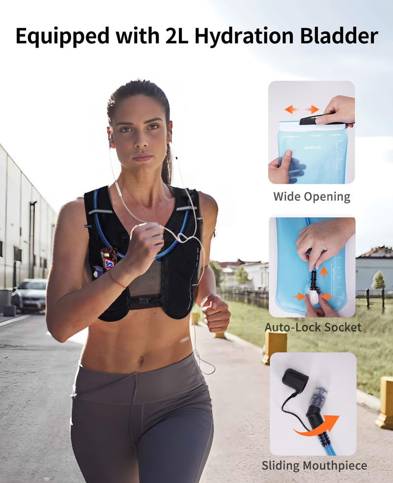 ECOHUB Running Hydration Vest Backpack,Lightweight Breathable Pack with 2L Water Bladder Bag Daypack for Hiking Trail Running Cycling Race Marathon for Women Men Black