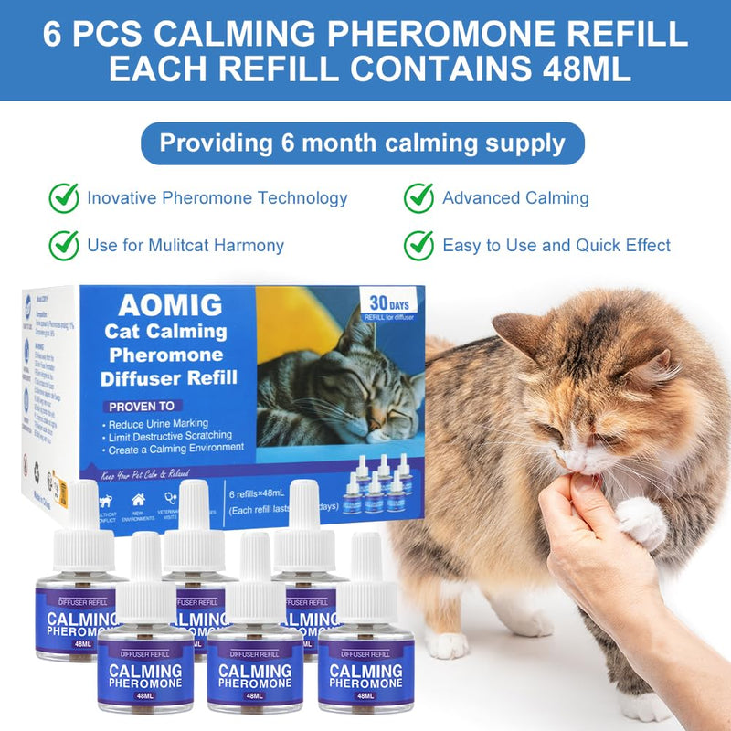 Aomig Pheromone Diffuser Refill for Cats Multi-Cat Household Refill, Cat Calming Plug in Diffuser Refill, Plug In Anxiety Relief Pheromone Diffuser for Cats, Cat Calming Product Calming Pheromone Kit 6PCS-Refill