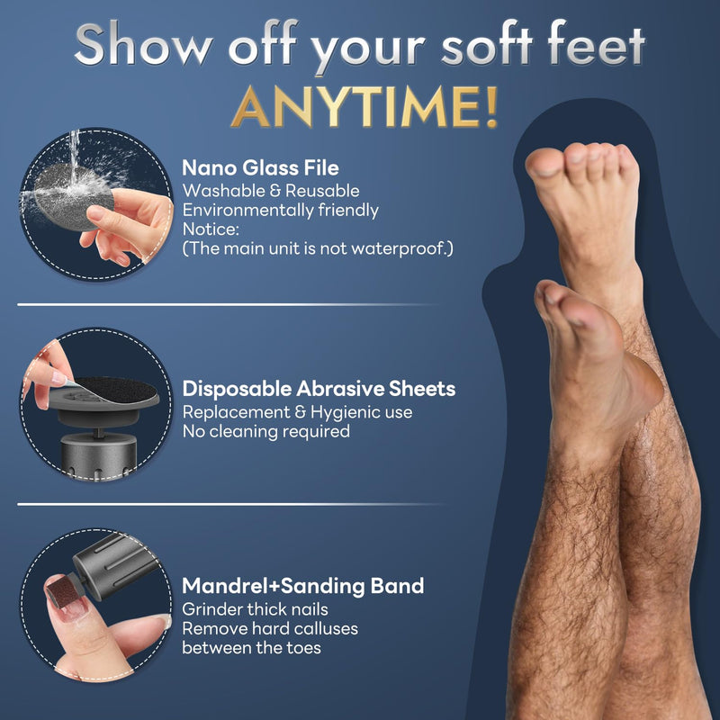 JINYAWA Electric Foot Callus Remover - 2-in-1 Rechargeable Cordless Foot File with LCD Display & 6 Speeds - Professional Foot Sander for Dead Skin, Thick Nails, Heels and Soles (Gray) Gray - BeesActive Australia