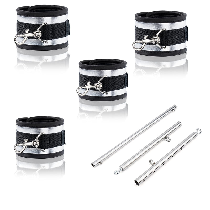3 in 1 Heavy Duty Stainless Steel Expandable Spreader Bar with 4pcs PU Rose-Gold Adjustable Straps,Workout Bar for Home Gym Training Bar,Portable Detachable Pilates Kit Silver+Silver PU Kit