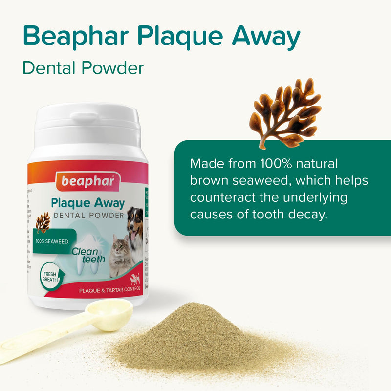 Beaphar – Plaque Away Dental Powder For Cats & Dogs – Anti-Plaque & Anti-Tartar - Prevents Bad Breath –100% Natural Teeth Cleaner - Easy-To-Use Sprinkle Over Food - Daily Dental Support - 80g Tub