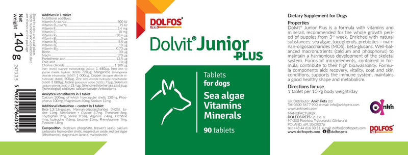 Dolvit Junior Plus 90 tab Vitamins Minerals Prebiotic Beta-glucan for Junior Dog