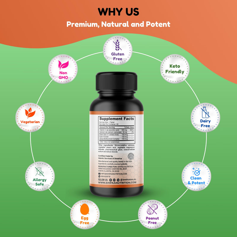 SHIFAA NUTRITION Halal Vitamin C-500 Tablets 60 Servings. Vegetarian, Non-GMO and Sugar Free Vitamin C Pills. for Seasonal and Immune Support.