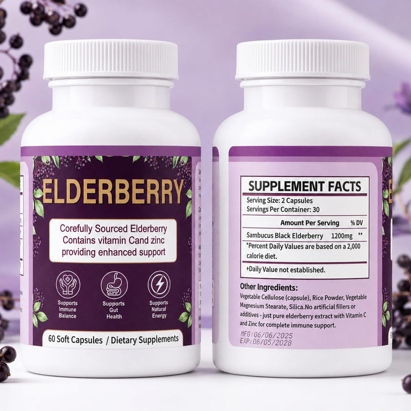 Elderberry Capsules with Vitamin C & Zinc, 1200mg Black Elderberry Extract | Vegan, Non-GMO, 60 Capsules, Supplement for Daily Wellness, Antioxidant & Digestive Support