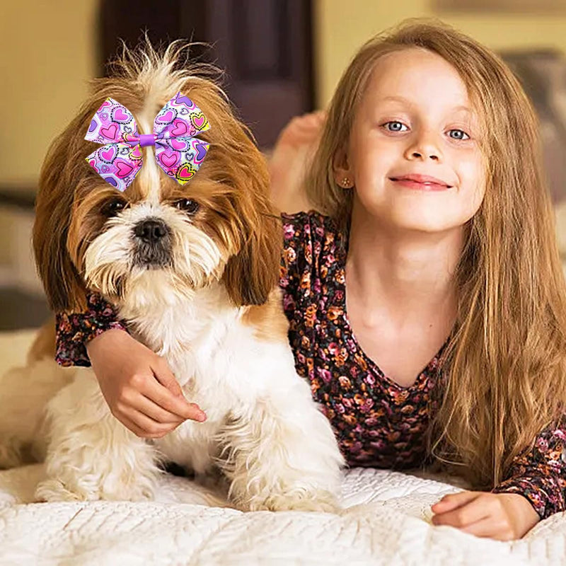 24Pcs/12 Pairs 4" Big Valentines Dog Hair Bows for Large Breed Dogs Heart Rose Kiss Lips Pattern Blue Pink Red Purple Yellow Black for Girl Boy Bowknot Topknot Grooming Hair Accessories 24pcs/12pairs 4'' Valentines - BeesActive Australia