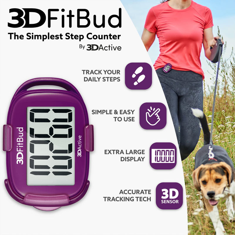 3DFitBud Simple Step Counter Walking 3D Pedometer by 3DActive with Clip, Lanyard Accurate Step Tracker Large Display, Easy to Use for Kids Men Women Adult Seniors Daily Step Tracking - A420S Plum - BeesActive Australia