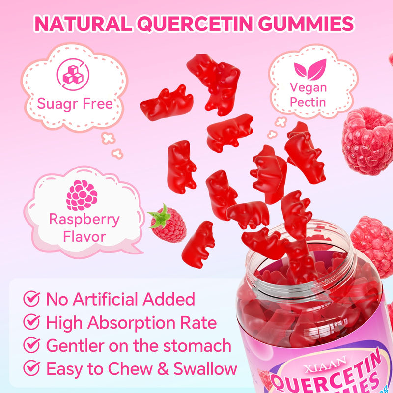 Quercetin Gummies 500mg for Kids & Adults, Organic Quercetin Supplements with Bromelain Zinc Vitamin C and D3 Support Antioxidant & Immune System Health, Raspberry Flavor 60 Count 60 Count (Pack of 1)