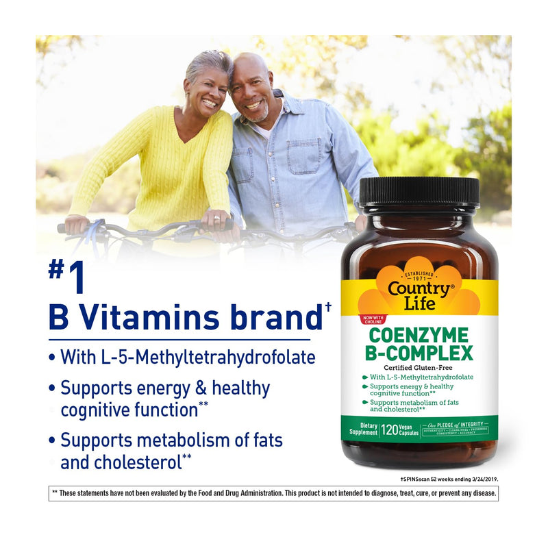 Country Life Coenzyme B-Complex, 120 Capsules | Supports energy production, mood and cognitive function with bioavailable B vitamins and choline Unflavored 120 Count (Pack of 1)