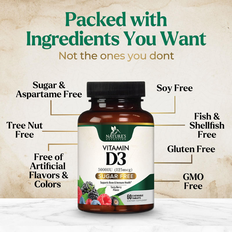 Vitamin D3 5000 IU (125 mcg) Per Serving - Extra Strength Vitamin D Chewable for Immune Support Health - Bone, Teeth and Muscle Supplements - Sugar Free, Gluten Free, USA Bottled - 60 Count Tablets 60 Count (Pack of 1)