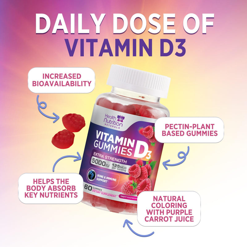Vitamin D3 Gummies 125 mcg (5000 IU) Per Serving - 3X Strength Immune Support & Bone Support, Vitamin D Gummy Dietary Supplement, Nature's Berry D Vitamin Supplement, Raspberry Flavored - 60 Gummies 60 Count (Pack of 1)