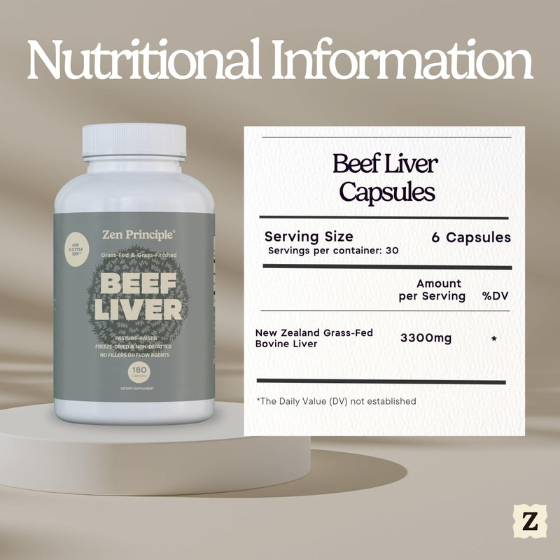 Zen Principle Ultra-Pure Desiccated Beef Liver, Grass-Fed & Finished New Zealand, No Hormones or GMOs, Natural Energy & Workout Support with Iron, Amino Acids & Vitamins. 180 Capsules