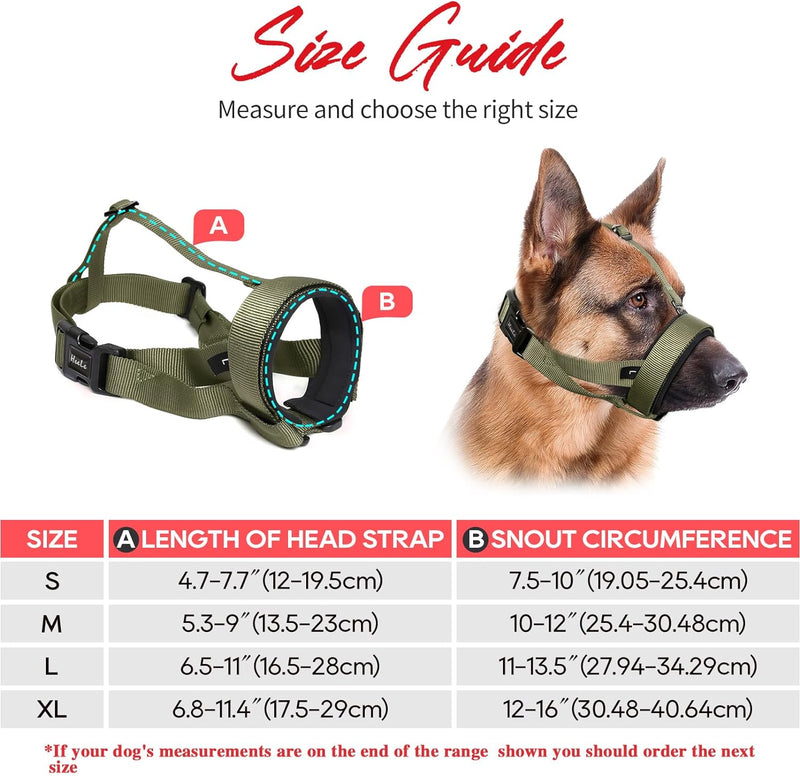 HEELE Dog Muzzle, Circles Soft Comfortable Neoprene Padding Muzzles for Small Medium Large Dogs, Prevent Biting, Licking, and Chewing, Protection with Adjustable Bonus Connection Strap Army Green - BeesActive Australia