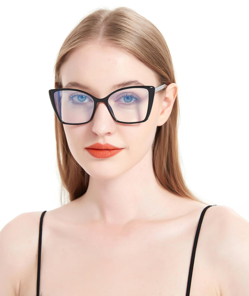 Women's Oversized Blue Light Blocking Glasses, Trendy Cat Eye Computer Gaming Eyeglasses Anti Eyestrain & UV Glare RF6204 (Black Cateye Frame) Black - BeesActive Australia