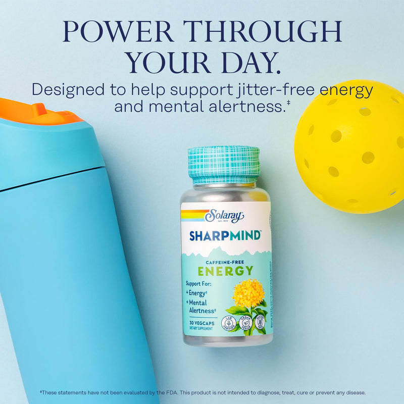 SOLARAY SharpMind Energy, Energy Booster for Women and Men, Nootropic Focus Supplement, Caffeine Free Energy Pills with Rhodiola Rosea and Cordyceps, 60 Day Guarantee, 30 Servings, 30 VegCap Pills