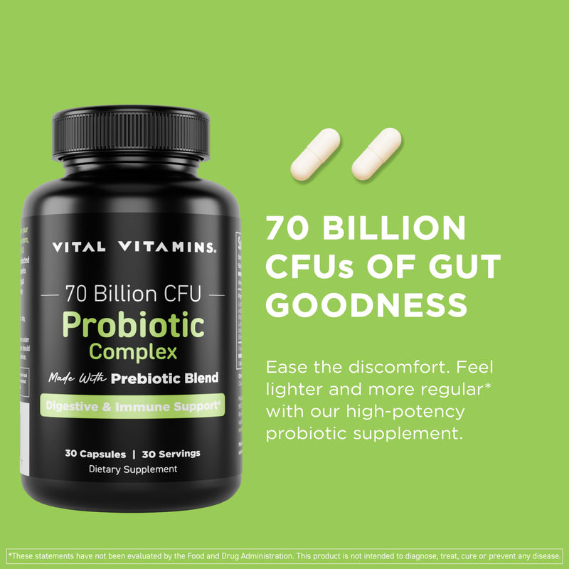 Vital Vitamins Probiotic Complex, 70 Billion CFU for Men & Women | 10-Probiotic Strain Blend with Prebiotic FOS, Supports Digestion & Immunity, Shelf-Stable, 30 Capsules 30 Count (Pack of 1)