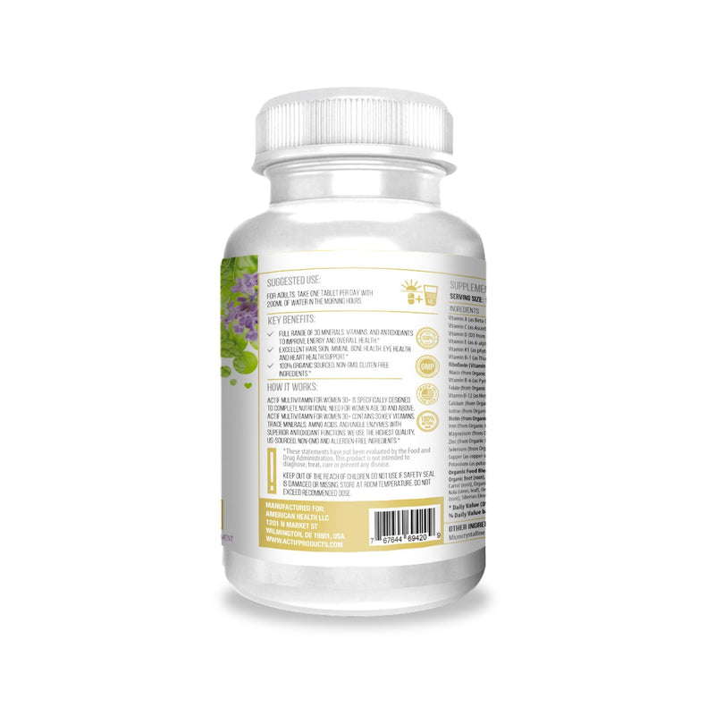 ACTIF Multivitamin for Women Age 30+ with 30 Organic Vitamins and Organic Herbs, Non-GMO, Made in USA, 2-Month Supply