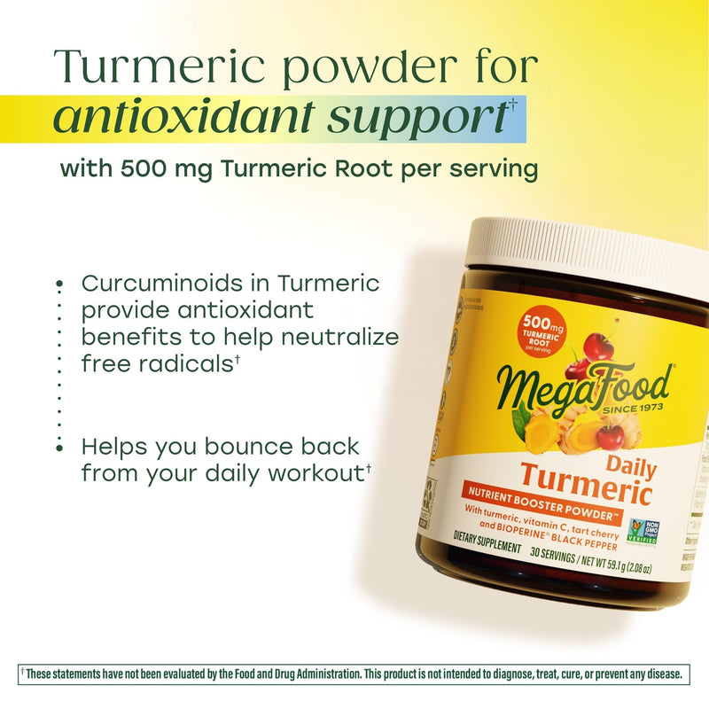 MegaFood Daily Turmeric Powder, Turmeric Supplement, Vegan, 2.08 Oz | Daily Support for Post Workout with Antioxidant Vitamin C, with Black Pepper Extract, Tart Cherry & Holy Basil, 30 Servings 2.08 Ounce (Pack of 1)