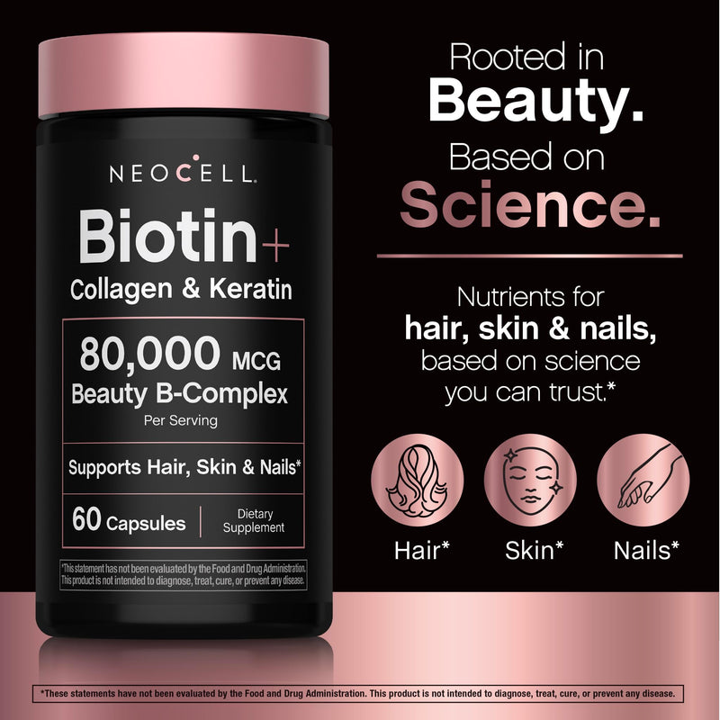 NeoCell Biotin Collagen Keratin Supplement | 80000mcg | 60 Capsules | Beauty B-Complex | Plus Hyaluronic Acid | Hair, Skin, and Nails